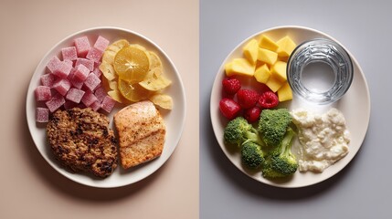 Healthy food versus unhealthy food showing diet change from sweets to vegetables