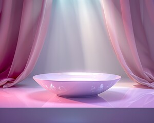 Elegant Pink Draped Studio Backdrop with a White Bowl Product Display Platform