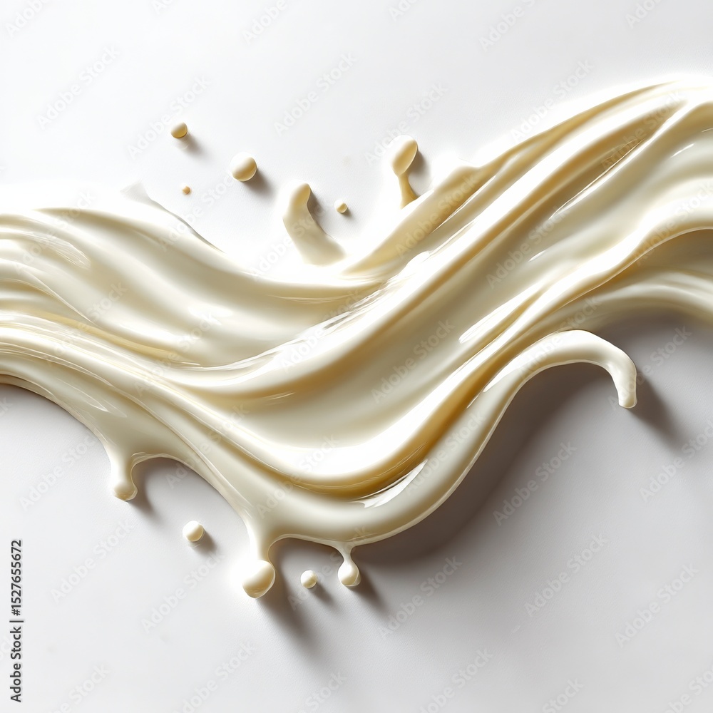 Poster creamy elegance: a swirl of white liquid forming abstract waves with splashes on a minimalist backgr