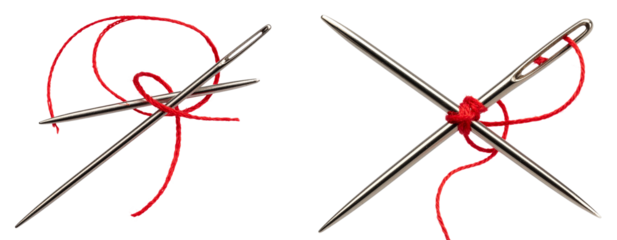 Sewing needle with red thread looped through eye isolated on transparent background PNG