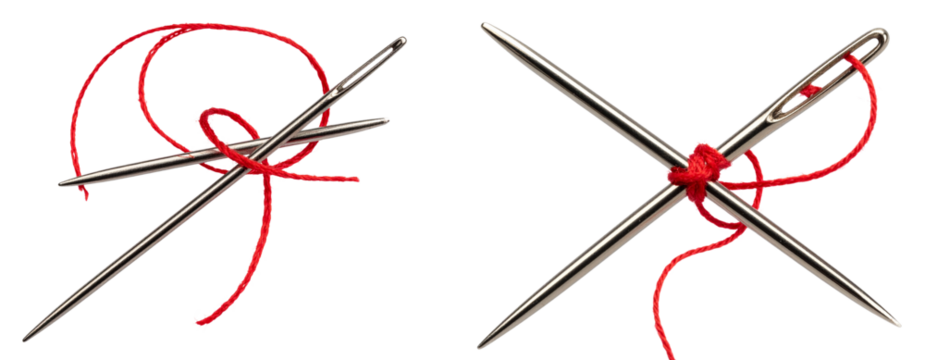 Sewing needle with red thread looped through eye isolated on transparent background PNG