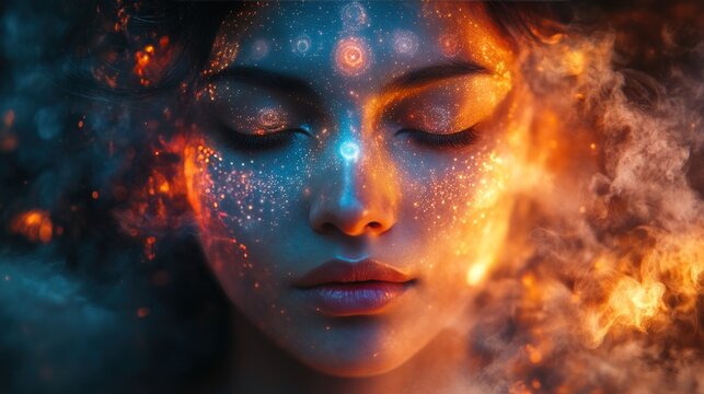 Cosmic woman's face, fire and smoke