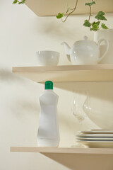 Cleaning bottle with a green cap and some simple dishware on shelves. Natural light and shadows add a peaceful tone to this tidy kitchen space.
