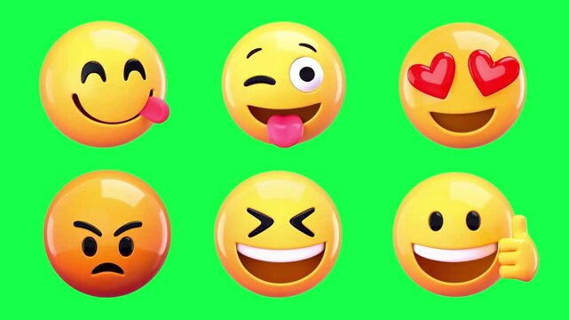 Colorful 3D emojis expressing emotions animation, transparent 4K video, green screen set