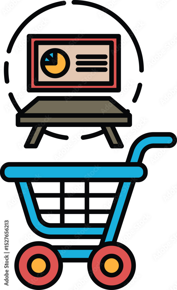 Poster a blue shopping cart is shown with a table and a computer monitor