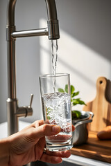 hand holds a transparent glass into which clean water is poured from the kitchen tap
