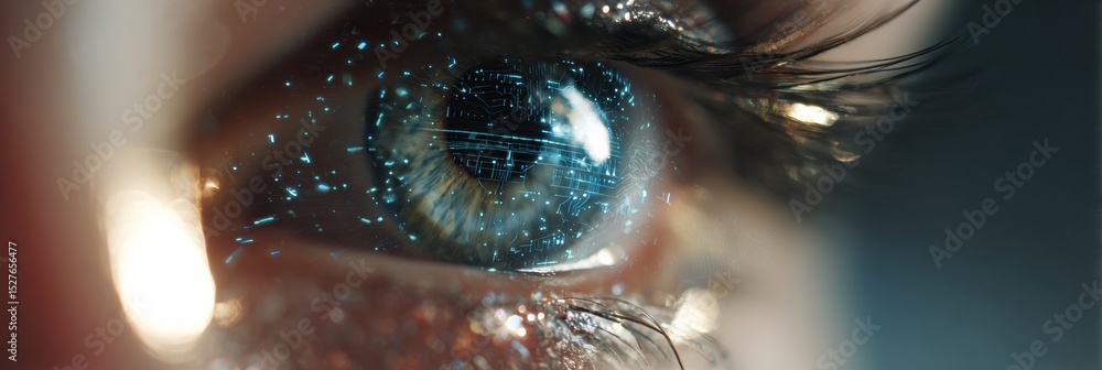 Poster close-up of glowing iris with futuristic overlay highlighting intricate details and mysterious ambia