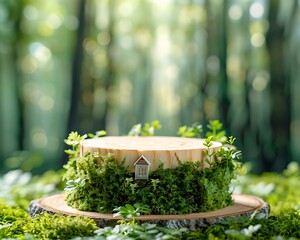 Miniature House on Mossy Wooden Log in Lush Green Forest Setting Perfect for Eco Friendly and Nature Themed Projects