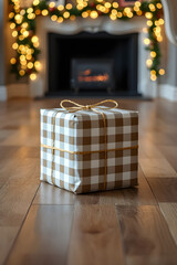 New Year's gift box in checkered paper on the background of the fireplace
