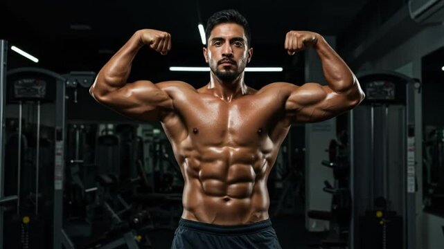 A male flexing muscle at gym 