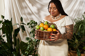 Obraz premium Joyful woman with braids embraces summer vibes surrounded by vibrant green plants
