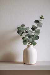 white vase with eucalyptus branches on a shelf near a white wall

