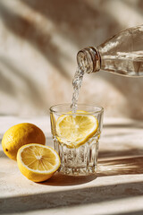 a transparent glass with a slice of lemon, into which clean water is poured from a bottle on a light background

