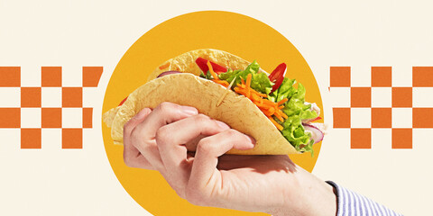 Retro art collage. Hand holding double tacos with lettuce, carrots, onions and ketchup on warm beige background with orange circle and checker decor. Concept of tacos, food, street meal, takeaway.