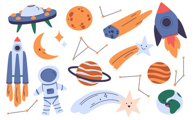 Cosmos exploration, outer space adventure design elements set isolated on white background