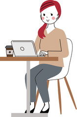 カフェテーブルでパソコンを開いて仕事をしている女性