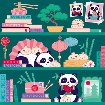 nahtloses Muster B&uuml;cherschrank Bibliothek mit Panda und Dim Sum