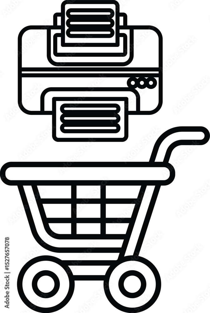 Poster a black and white image of a shopping cart with a printer and a stack of paper