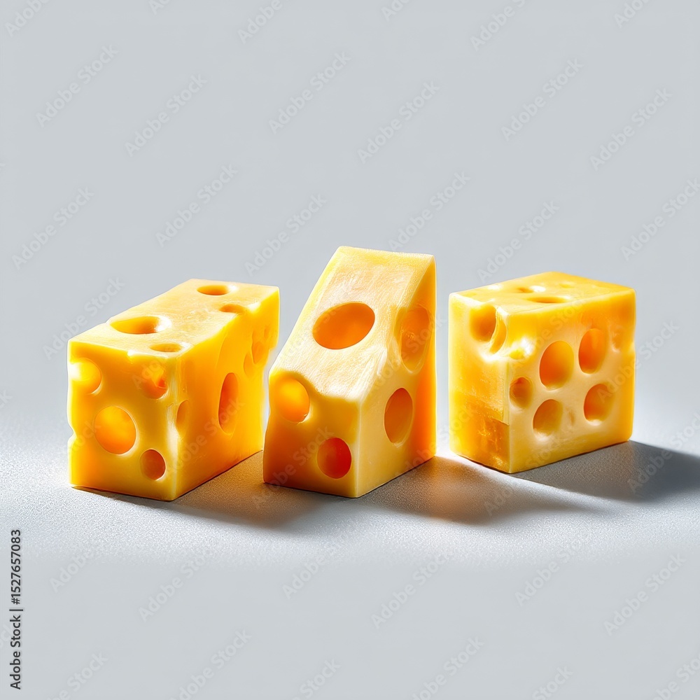 Poster three yellow cubes of swiss cheese with holes on a light gray surface illuminated by soft lighting