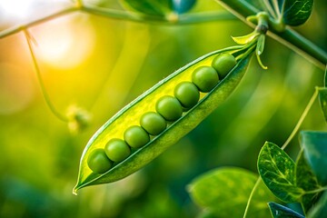 Close up of fresh green peas in open pod on plant with sunlight
