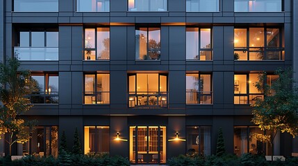 Modern Apartment Building Exterior at Dusk with Illuminated Windows