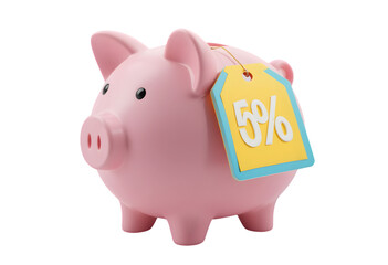 Savings concept pink piggy bank with fifty percent off sale tag offer on transparent background