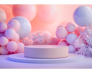 Pastel Pink and Purple Balloons Surround Elegant Product Display Platform