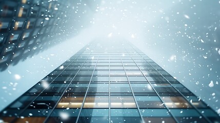 Modern Glass Skyscraper in Winter Snowfall A Stunning Architectural View