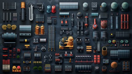Industrial Factory Equipment Overhead View Collection of diverse machinery and structures