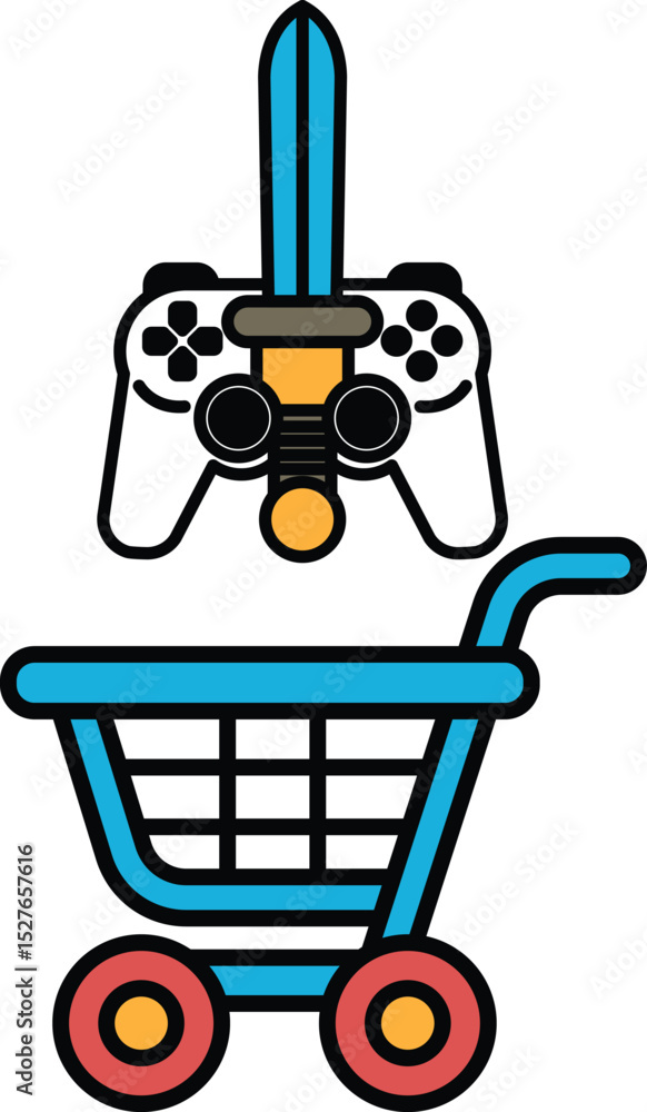 Poster a blue shopping cart with a sword and a video game controller on top of it
