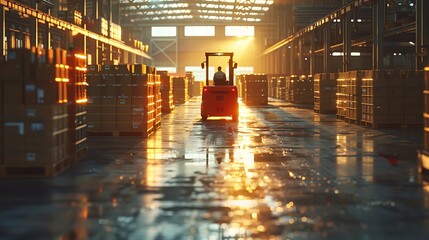 Warehouse Worker Operating Forklift at Sunset Golden Hour Logistics Industry