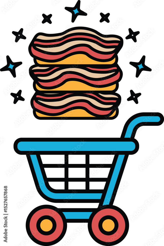 Poster a cartoon of a shopping cart with a stack of bacon on top of it