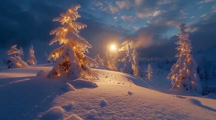 Magical Winter Sunset Snow Covered Trees with Fairy Lights