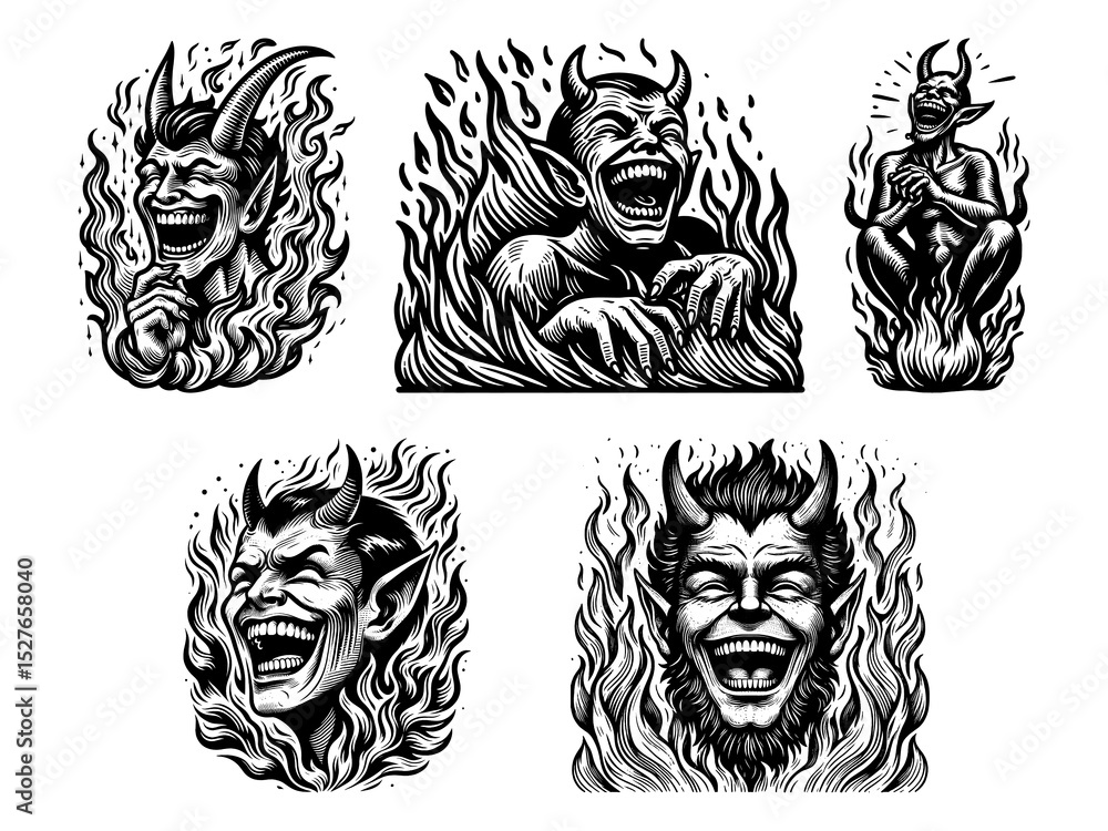 Poster laughing devils and demons set collection bundle sketch engraving generative ai png illustration. sc