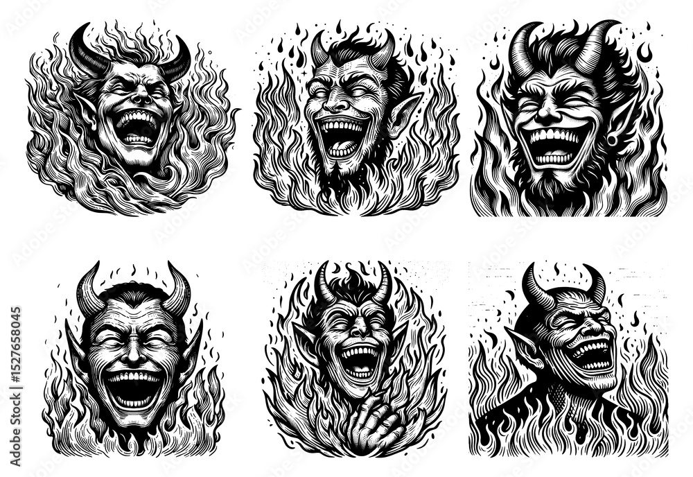 Poster laughing devils and demons set collection bundle sketch engraving generative ai png illustration. sc