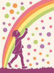 cute little girl playing with colorful dots on rainbow background, vector illustration