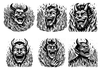 Laughing Devils and Demons Set collection bundle sketch engraving generative ai PNG illustration. Scratch board imitation. Black and white image.