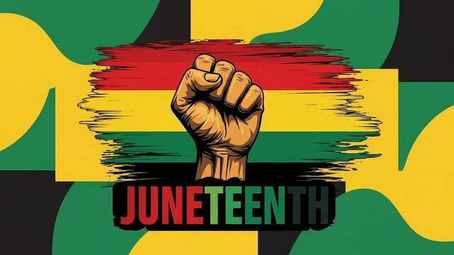 Juneteenth Celebration: Raised Fist Symbol with Pan-African Flag Colors and Abstract Background