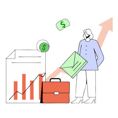 Woman stands with a new income, received a salary. Concept of salary payment, salary increase, rise, businessman, financial growth. Vector illustration in flat design