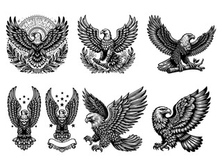 Obraz premium eagle Set collection bundle sketch engraving generative ai PNG illustration. Scratch board imitation. Black and white image.