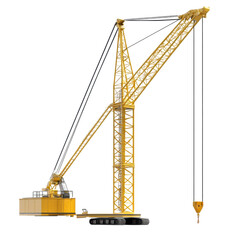 Large yellow construction crane stands stationary on job site, ready for lifting tasks in urban area