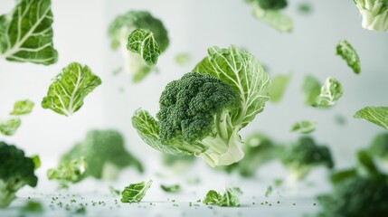 Fresh raw Broccoli cabbage falling in the air isolated on white background. Healthy food levitation.