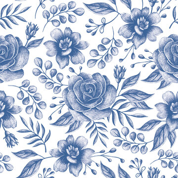 Nahtloses Muster blaue Rosen Blumen Zeichnung