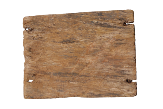 A piece of weathered rectangular brown wood possibly lumber shows grain and cracks set against a light background