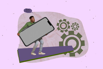 Zine banner full photo collage of happy businesswoman businessman receive promotion gearwheel...