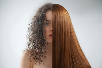 Closeup back profile of a blonde woman with long, straight, healthy hair showcasing her glamorous hairstyle and beautiful skin in a studio setting