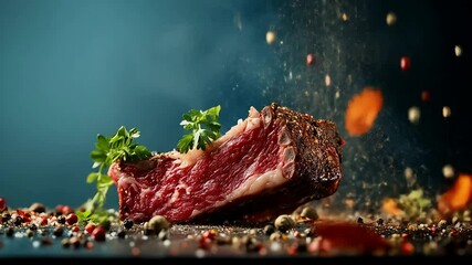 Juicy steak, herbs, and spices in slow motion, showcasing culinary artistry and the vibrant flavors of gourmet cooking
