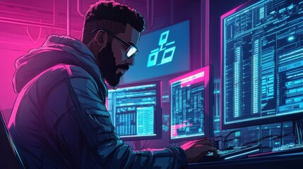 Black Man Working on Multiple Computer Screens with Data Displayed Coding