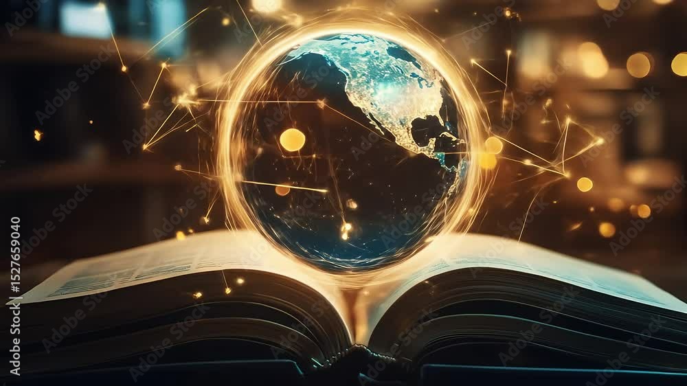 Poster glowing earth orb above open book pages, symbolic of knowledge, global connection, and information a