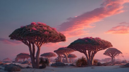 Dragon Blood Trees at Dusk in an Arid Landscape with Pink Sky